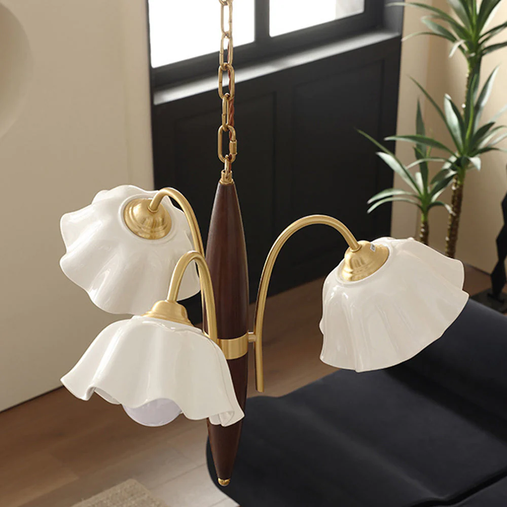 Vintage Ceramic Flower Shape Hanging Light Walnut Brass Chandelier - Image 2