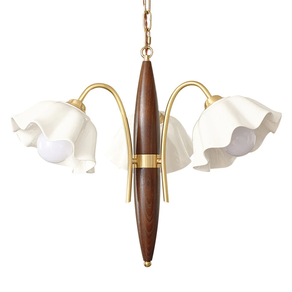 Vintage Ceramic Flower Shape Hanging Light Walnut Brass Chandelier - Image 3