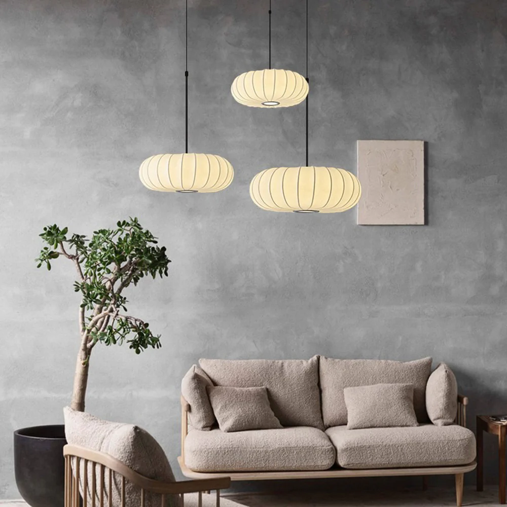 Pumpkin White Fabric Drum Pendant Light - Image 2
