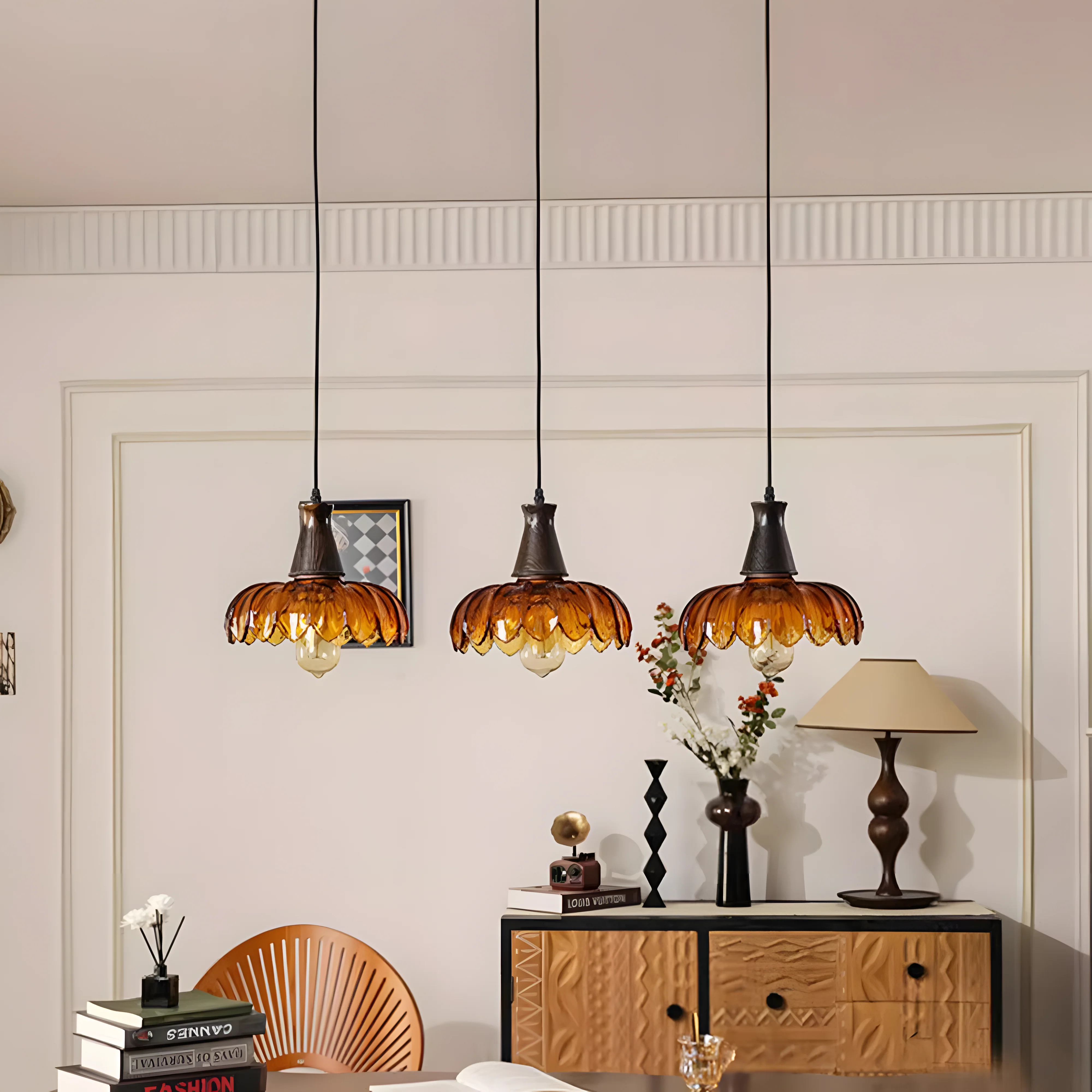 Retro Amber Blossom Glass Pendant Light - Image 9