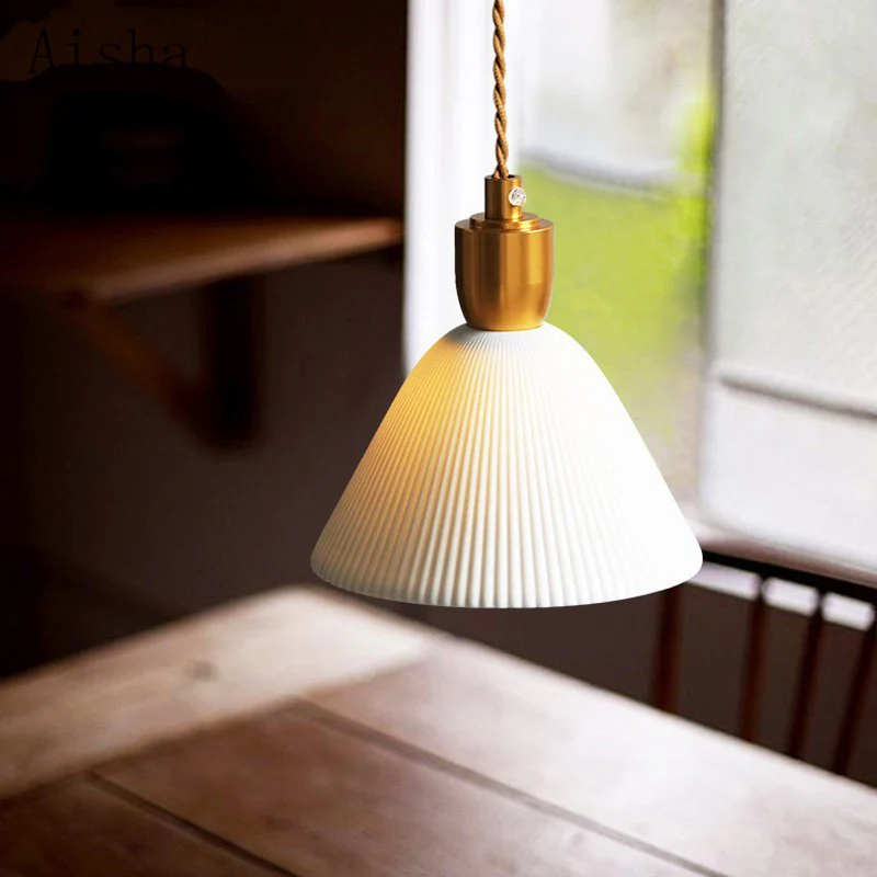 Retro Pleated Ceramic Brass Cocoon Pendant Lamp - Image 10