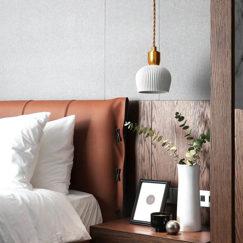Retro Pleated Ceramic Brass Cocoon Pendant Lamp - Image 8