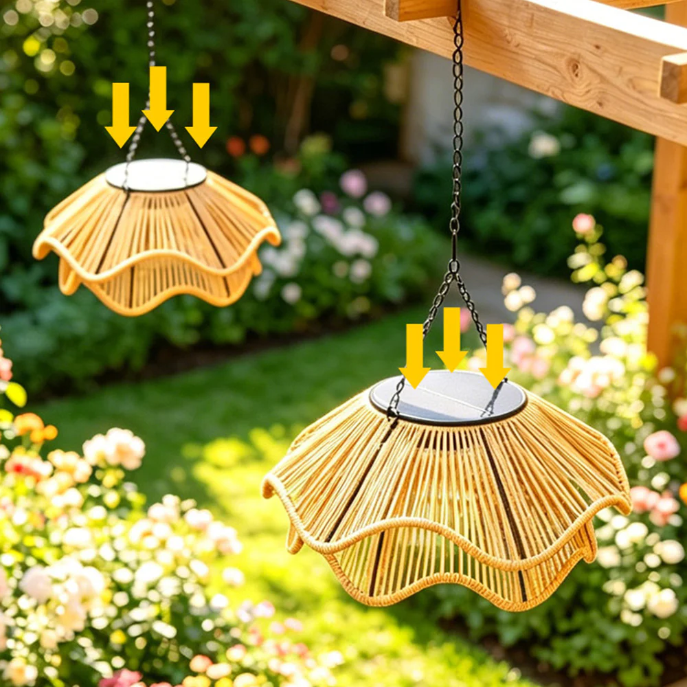 Rustic Dome Woven Rattan Solar Hanging Light for Outdoor Yard - Image 16